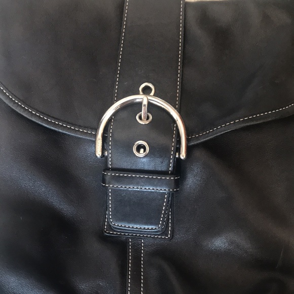 Coach black leather shoulder bag with silver hardware. Snap closure flap. - Picture 3 of 7